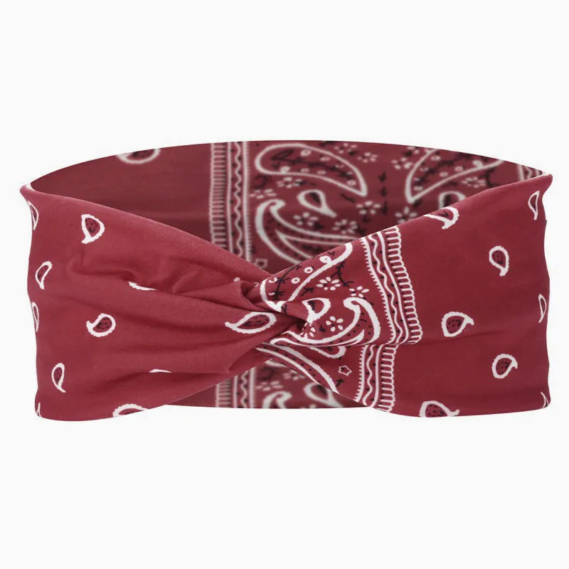 Printed Sports Headband Elastic Knotted Cross Hair Band Paisley Turban - Wine Red