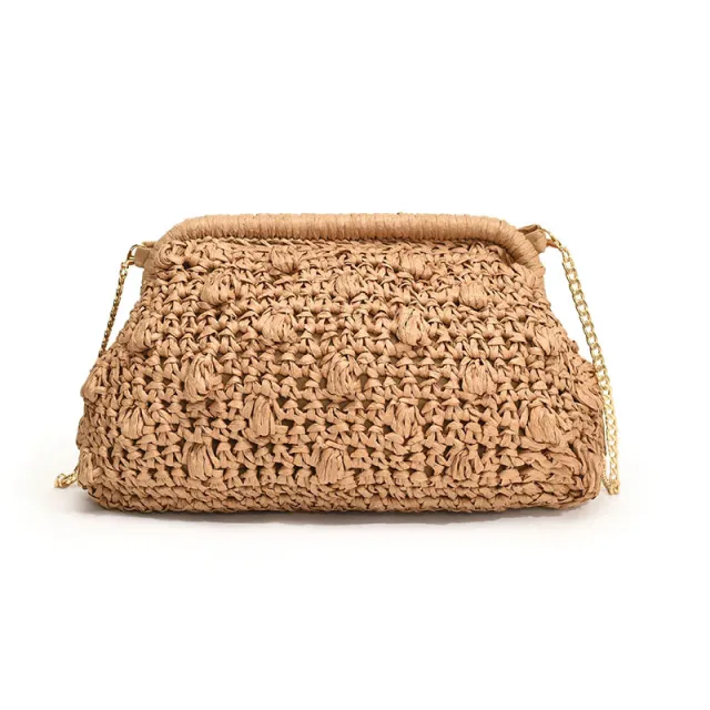 Fashion Woven Bag One Shoulder Hollow Out Beach Bag Khaki - Shop at LoveMi