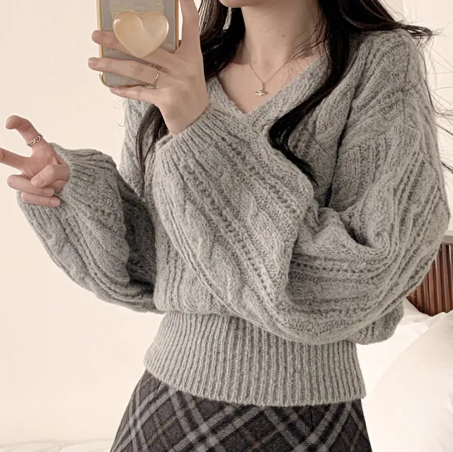 New Korean style Relaxed fit Solid color Cable knit Sweater With Lantern Sleeves Gray - Shop at LoveMi