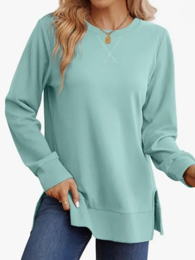 Womens Crew Neck Long Sleeve T Shirt With Side Slits Casual Top Mint - Shop at LoveMi