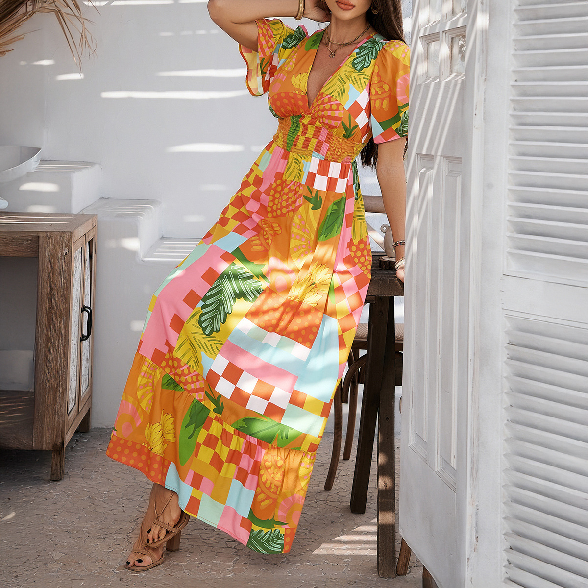 Casual Vacation Style Printed Contrast Color V neck Color Fruit Flower - Shop at LoveMi