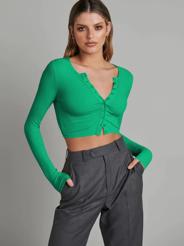 Button Rib Long Sleeve Knitted Cardigan Women's Clothes Cropped Top Esij127 Green - Shop at LoveMi