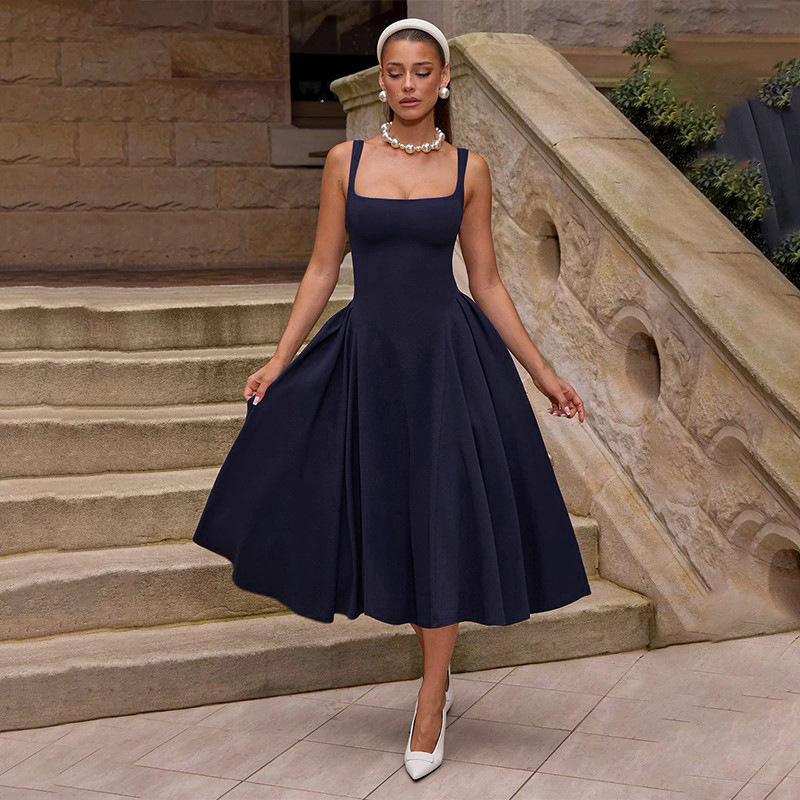 Women's Sling Square Collar Sexy Backless Waist Trimming Dress