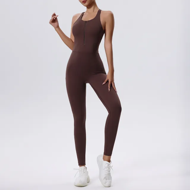 Sleeveless Vest Fitness Sports One piece Tights For Women Brown - Shop at LoveMi