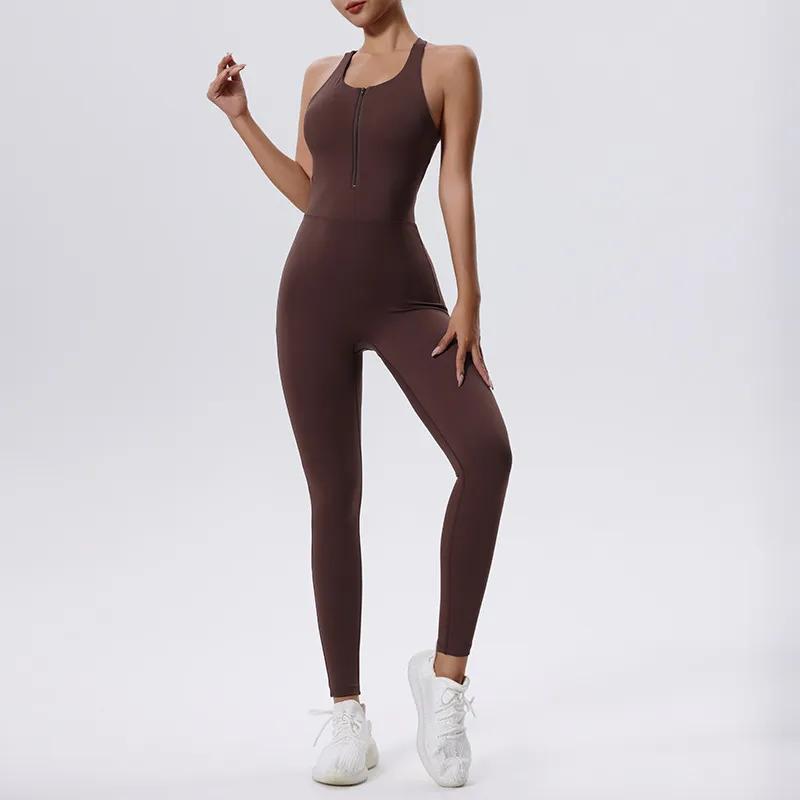 Sleeveless Vest Fitness Sports One-piece Tights For Women - Brown