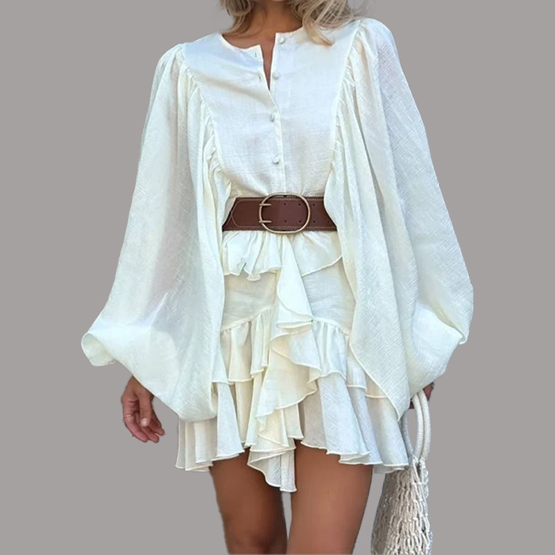 Solid Color French Style Long Sleeve Ruffle Dress White - Shop at LoveMi