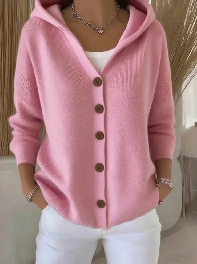 Ins Button Hooded Sweater Fashion Autumn And Winter Knitted Cardigan Casual Commuter Long Sleeve Top Women's Clothing Pink - Shop at LoveMi