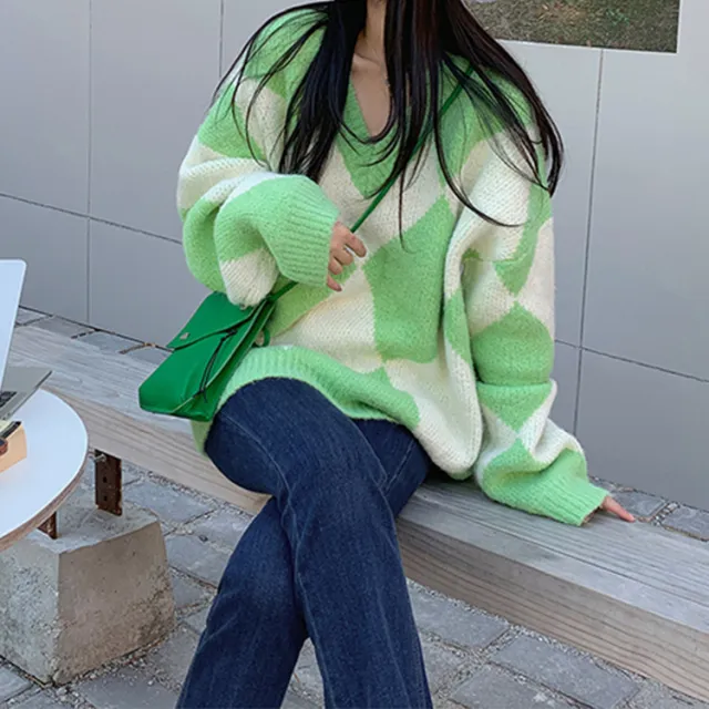 Women's V neck Rhombus Sweater Loose Outer Wear Green - Shop at LoveMi