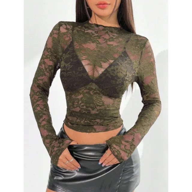 Women's Lace Elastic Peony Print Sheer Sexy Top Green - Shop at LoveMi