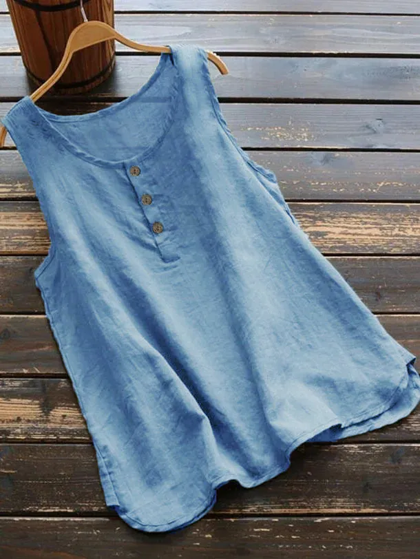 Solid Color Round Neck Loose Casual Vest Cotton Linen Shirt Women Blue - Shop at LoveMi