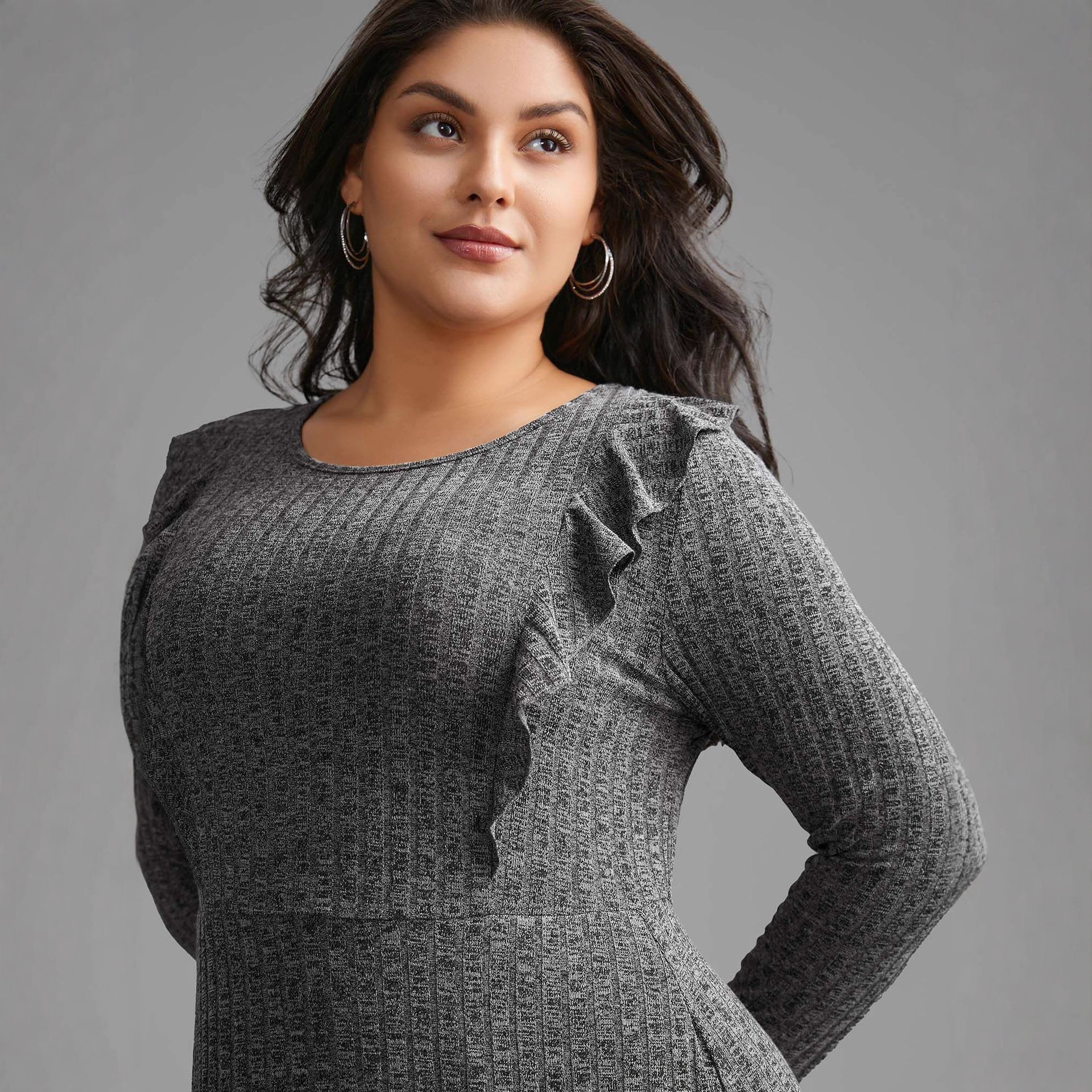 Casual Ruffled Long Sleeve Loose Round Neck Knitted Dress Bf0bc5c7 08f1 412a A698 4b7d048dfae5