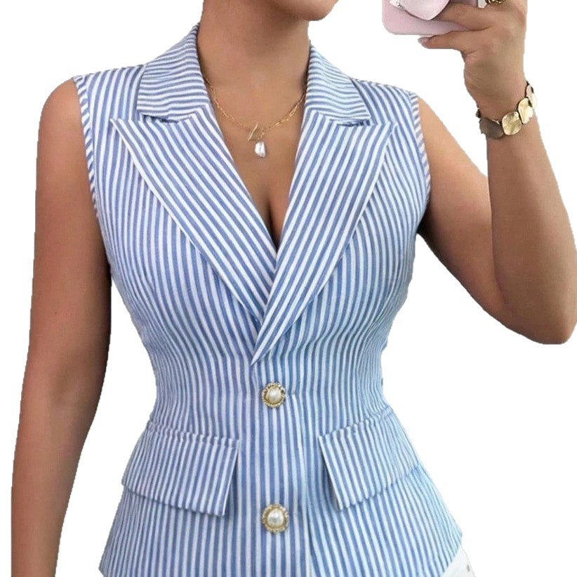 European And American Striped Sleeveless Womens Shirt