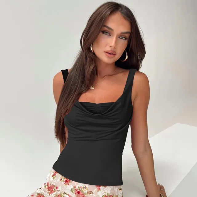 U collar Pleated Slim Fit Wild Vest Black - Shop at LoveMi