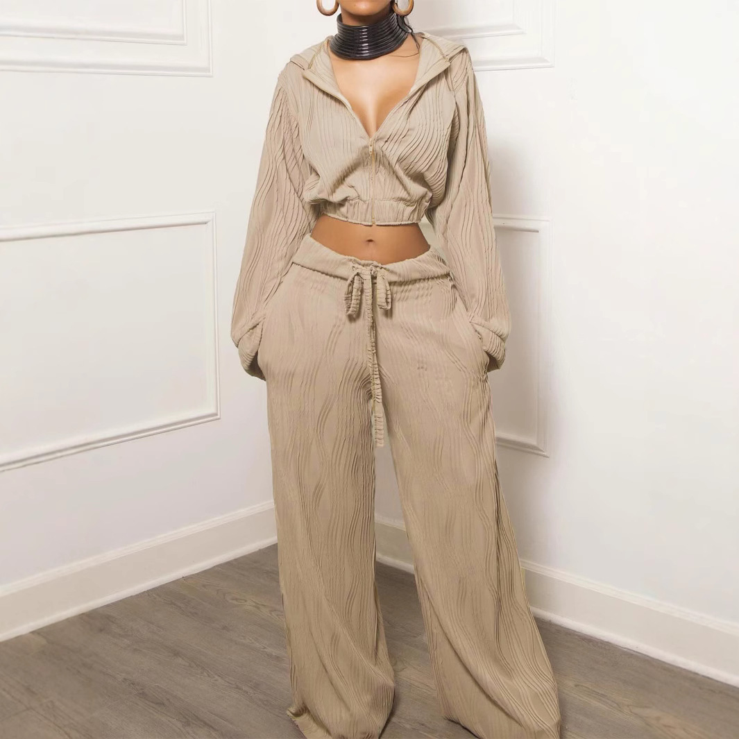 Stitching Drawstring Wide Leg Pants Suit