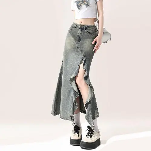Irregular Half length Denim Split Dress Retro Blue - Shop at LoveMi