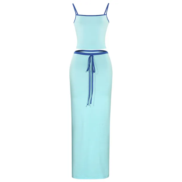 Sleeveless Tube Top Short Top High Waist Long Skirt Suit Blue - Shop at LoveMi