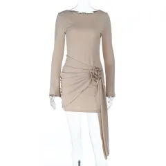 Women's Long Sleeve Dress With 3D Floral Pleated Details - Beige - View 1