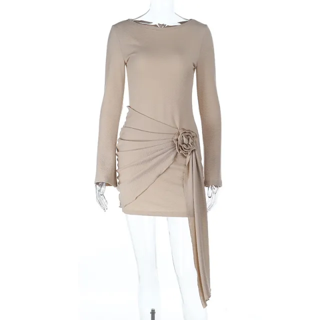 Women's Long Sleeve Dress With 3D Floral Pleated Details Beige - Shop at LoveMi