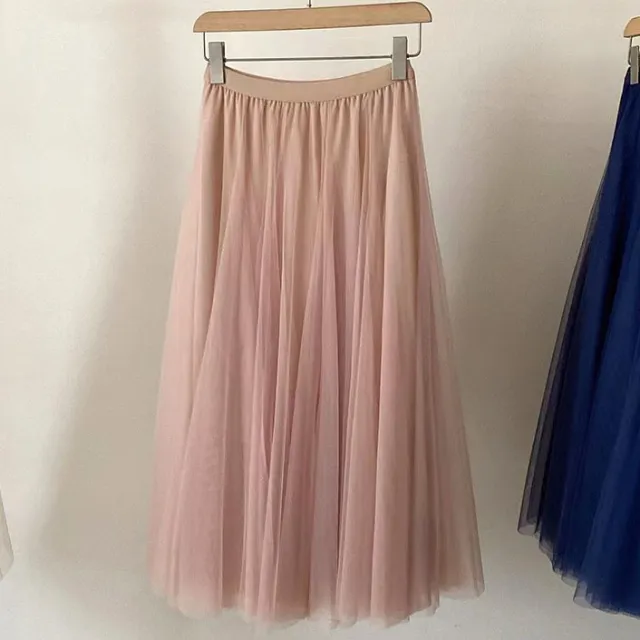 Pleated Mesh Skirt Women's Mid length Large Swing Dress Lotus Root Starch 90Cm - Shop at LoveMi