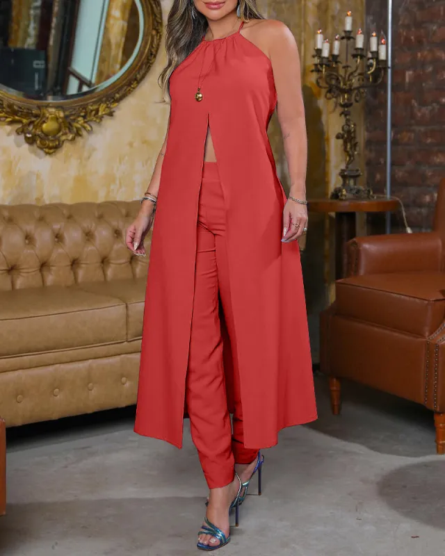 Halter Sleeveless Backless Loose Top High waisted Trousers Suit Women Red - Shop at LoveMi