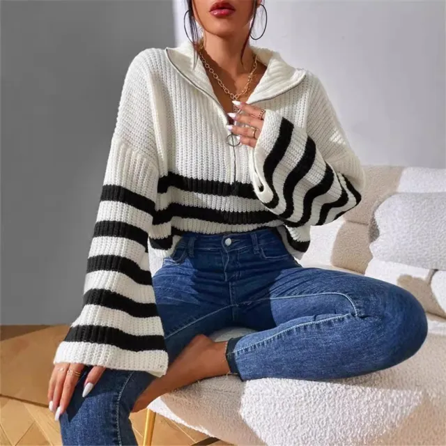 New Striped Contrast Color Stand up Collar Knitted Pullover Sweater Outerwear Women White - Shop at LoveMi