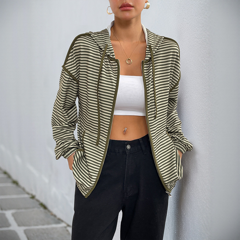 Idle Style Hooded Striped Women's Casual Jacket