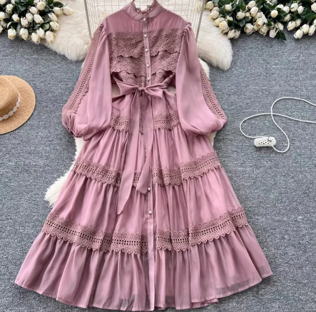 Vacation Style Half Sleeve Refined Handmade Lace Stitching Lantern Swing Dress Lotus Root Color - Shop at LoveMi