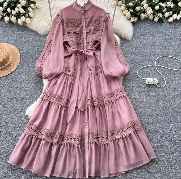 Vacation Style Half Sleeve Refined Handmade Lace Stitching Lantern Swing Dress - Lotus Root Color
