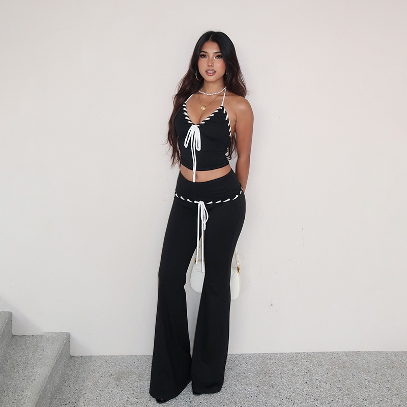 Contrast Color V-neck Halter Spaghetti Straps Tight Bootcut Pants Backless Two-piece Suit