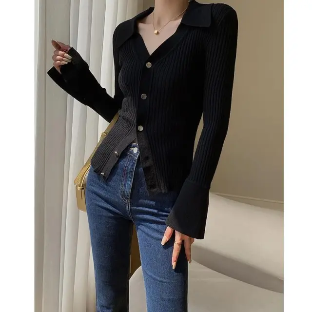 Fashionable Temperament Solid Color V neck Knitted Cardigan Black - Shop at LoveMi