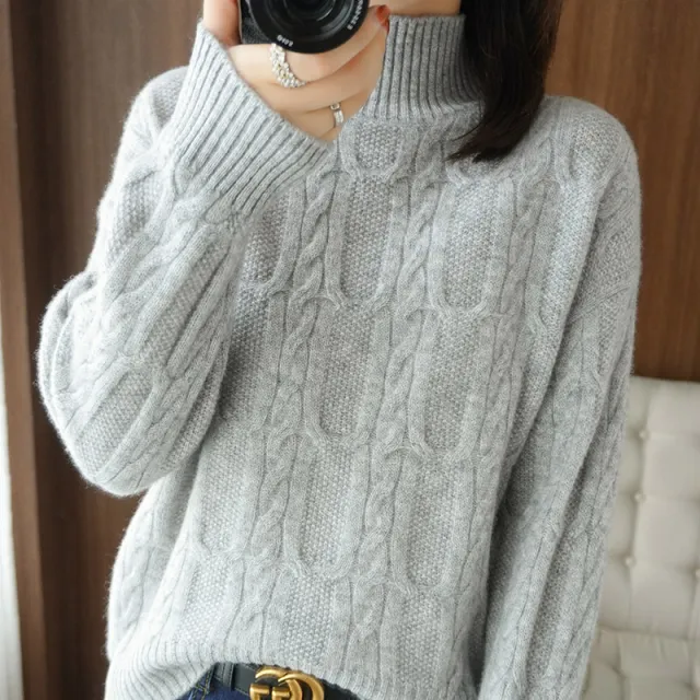 Women's Autumn And Winter Pullover High Collar Woolen Sweater Light Gray - Shop at LoveMi
