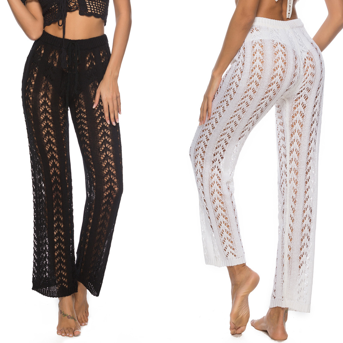 Womens Hollowed-Out Loose Wide-Leg Pants