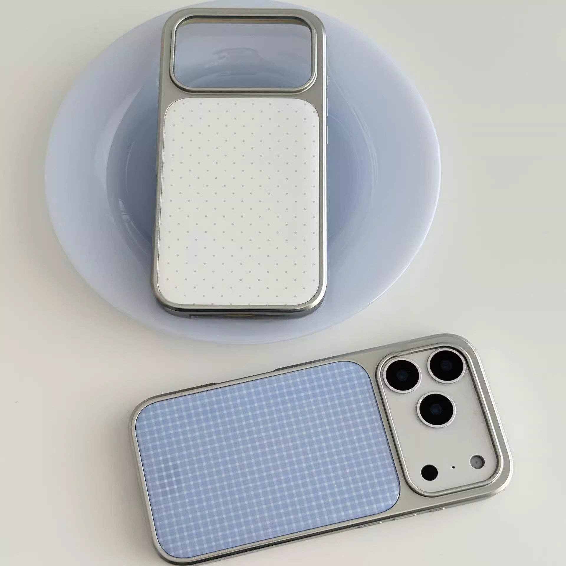 Versatile Polka-Dot Plaid Electroplated Silver Phone Case