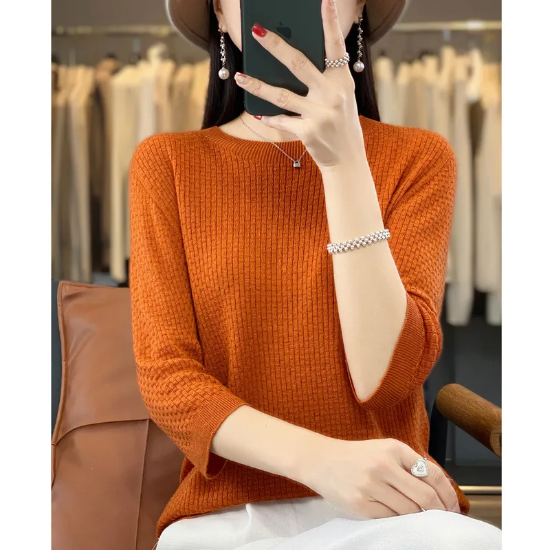 New Worsted Wool Front Line Ready-made Garments Round Neck - Pumpkin Colour