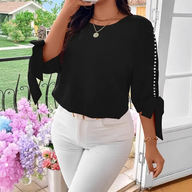 Women's Solid Color Woven Off shoulder Pearl Tie Casual Shirt Black - Shop at LoveMi