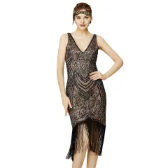 Vintage Masquerade V-neck Party Gathering Sequined Tassel Dress - Black Apricot - View 1