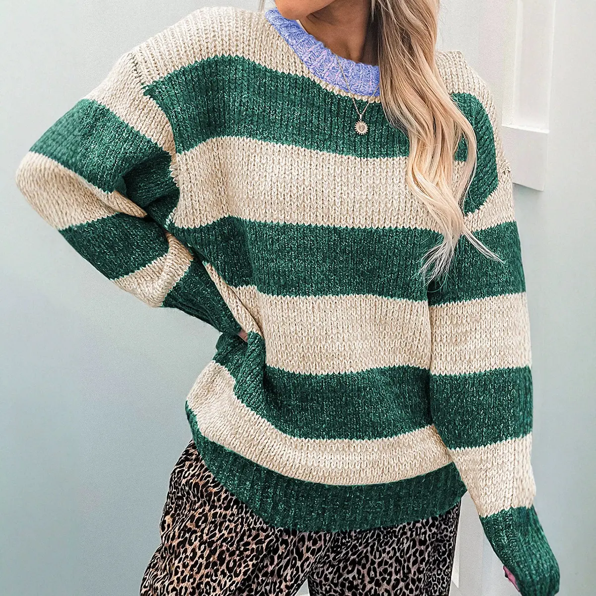 Striped Colorblock Loose-Fit Crew-Neck Sweater