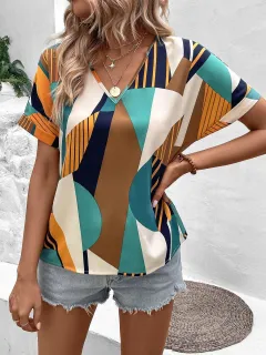 Women's Clothing Printed V-neck Top - Blue - View 1