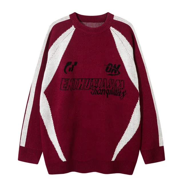American Letter Color Contrast Patchwork Round Neck Sweater Red - Shop at LoveMi