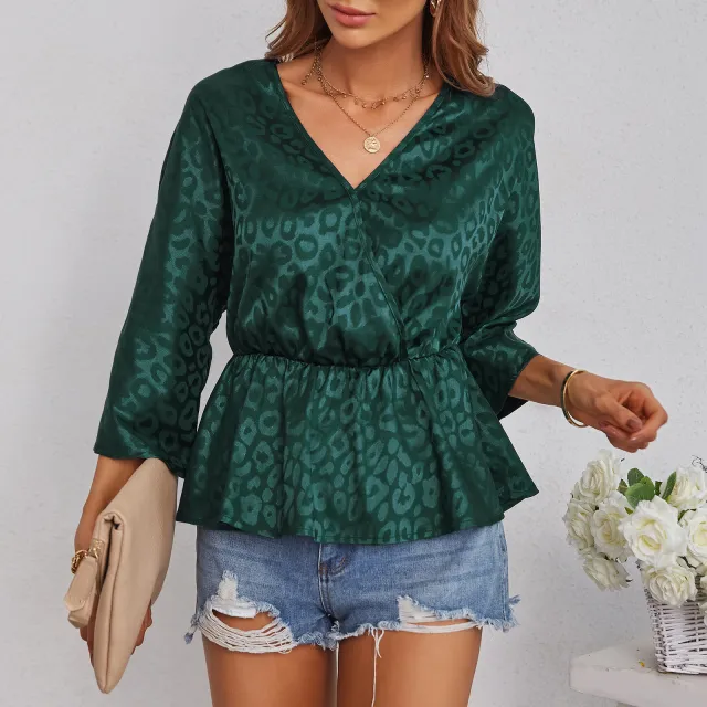 Spring And Summer Pullover Chiffon Top V neck Slim T shirt Dark Green - Shop at LoveMi