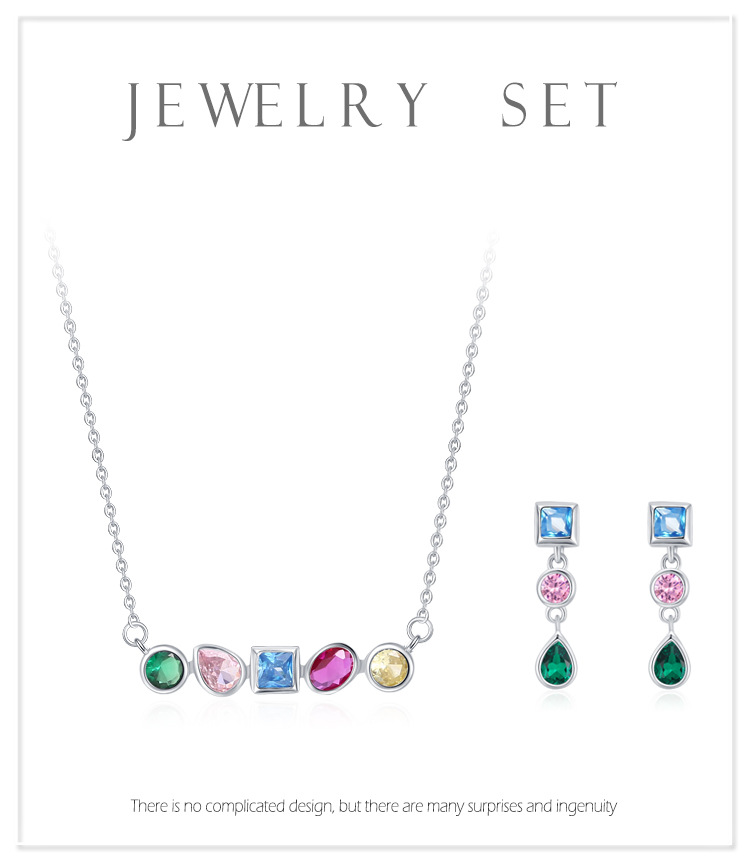 S925 Silver Rainbow Zircon Geometric Design Square Necklace Earrings