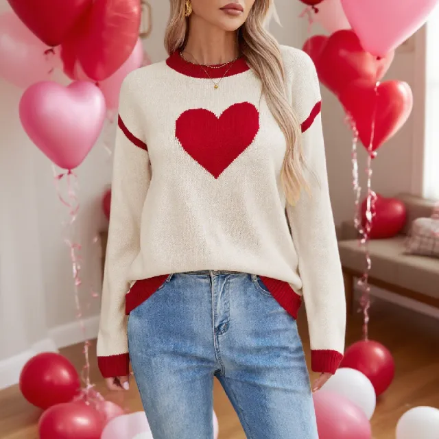 Female With Hearts Peach Round Neck Sweater Apricot - Shop at LoveMi