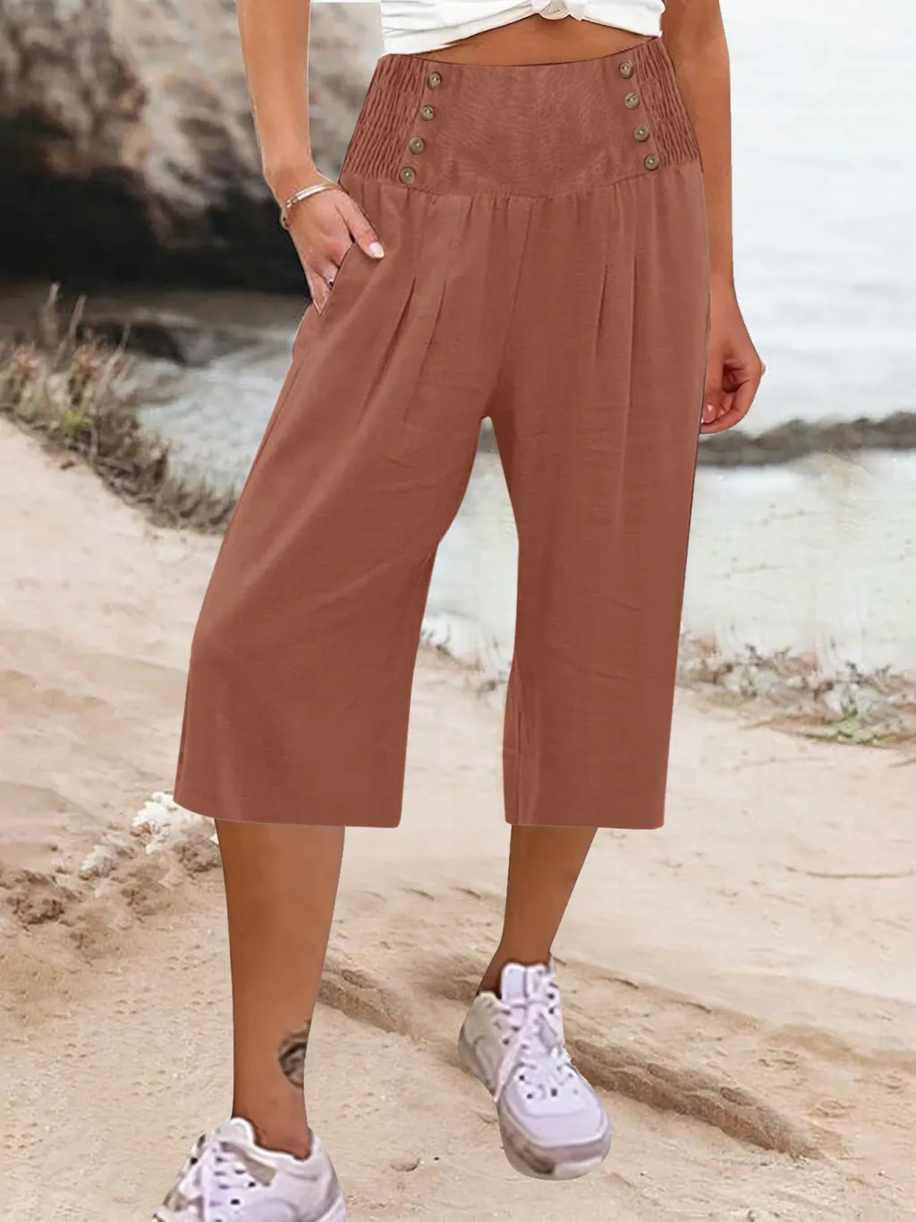 Women's Cotton And Linen Solid Color Buttons Loose Casual Cropped Pants - Red