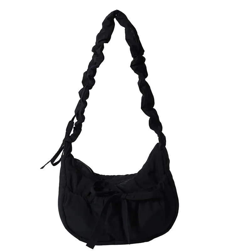 Temperament Wild Nylon Pleated Bow Girls' One-shoulder Bag - Black