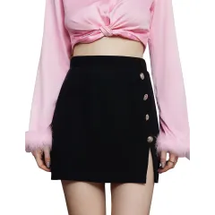 Houndstooth-buttoned Mid-length Body-hugging High-waisted Skirte Legant - Black - View 1