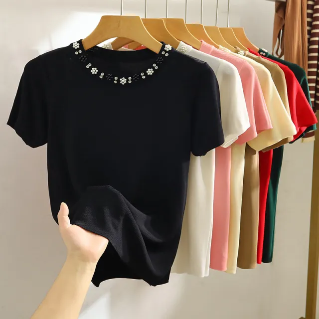 Round Neck Heavy Industry Ice Silk Short Sleeve T shirt Female Spring And Summer Elegant Knitwear Black - Shop at LoveMi
