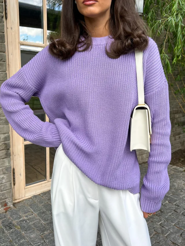 Sweater Round Neck Loose Solid Color Sweater Purple - Shop at LoveMi