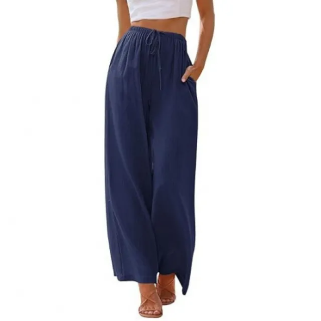 Loose Casual Pocket Drawstring Wide leg Pants For Women Navy Blue - Shop at LoveMi