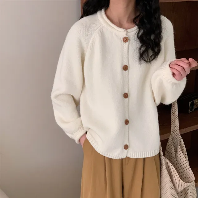 Autumn And Winter Simplicity Pure Color All matching Vintage Knitted Cardigan Loose And Lazy Style Sweater Coat Beige - Shop at LoveMi