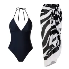 Lace-up One-piece Swimsuit Black And White Set Swimwear - Black Suit - View 1